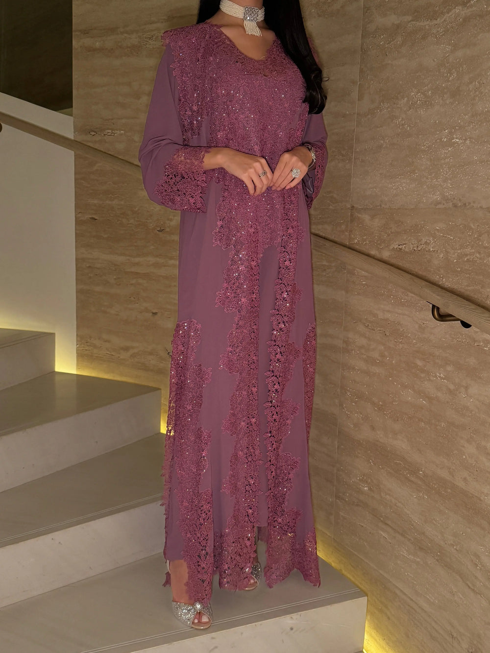 Mauve Radiance Embellished Lace Jalabiya MMK Design