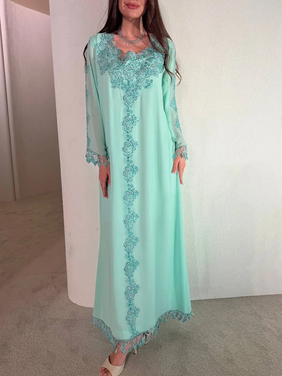 Seafoam Elegance Embroidered Kaftan
