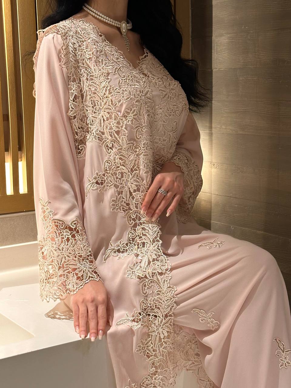 Off pink Grace Lace Jalabiya ( Comes In 2 Piece ) - MMK Design