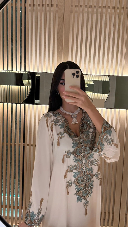Ivory Teal Embroidered Jalabiya Gown