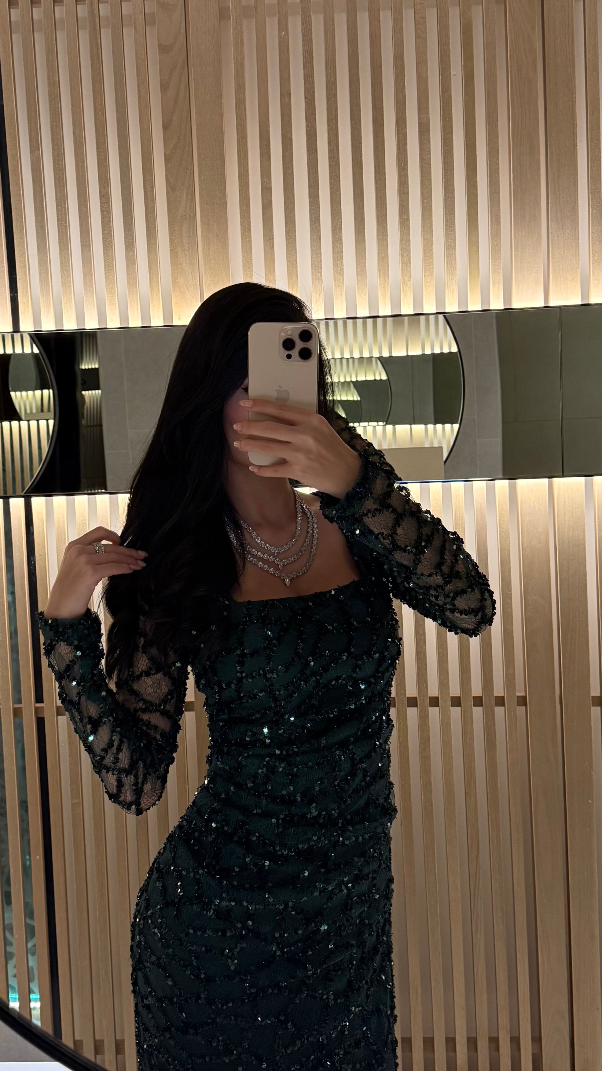 Emerald Noir Sequin Mesh Evening Gown