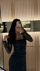 Emerald Noir Sequin Mesh Evening Gown