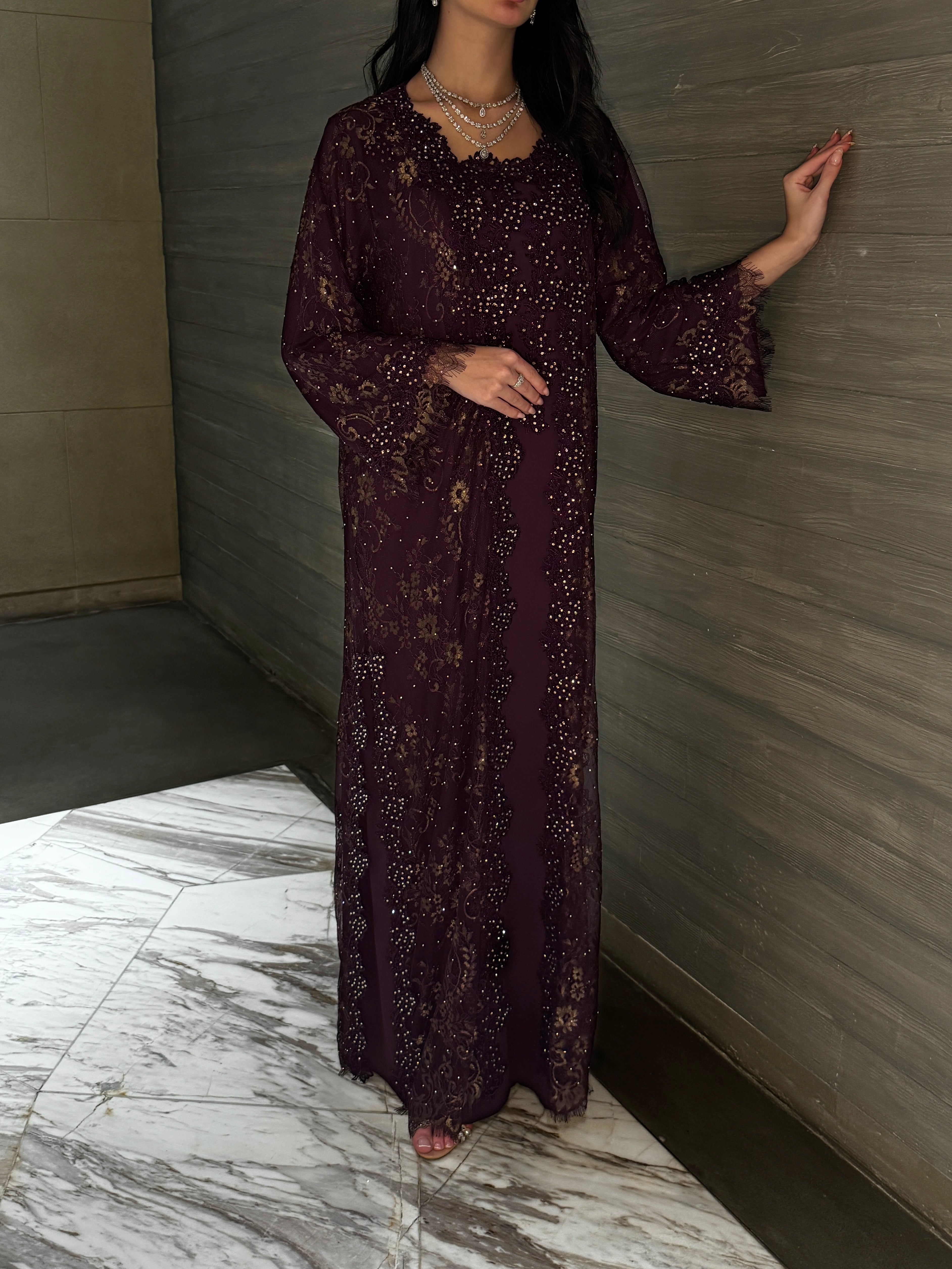 Deep Plum Crystal Embellished jalabiya