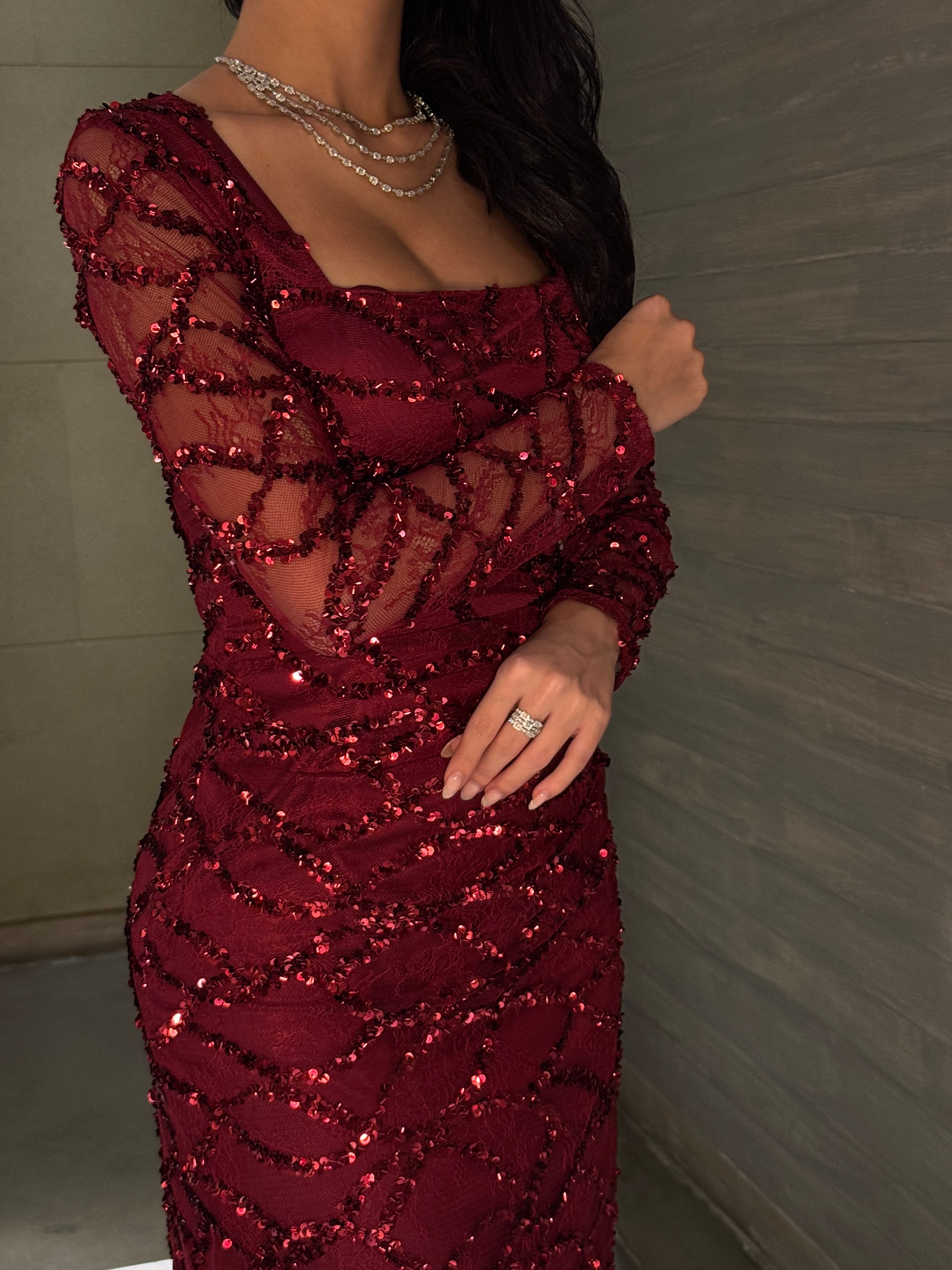 Crimson Lumière Sequin Mesh Gown