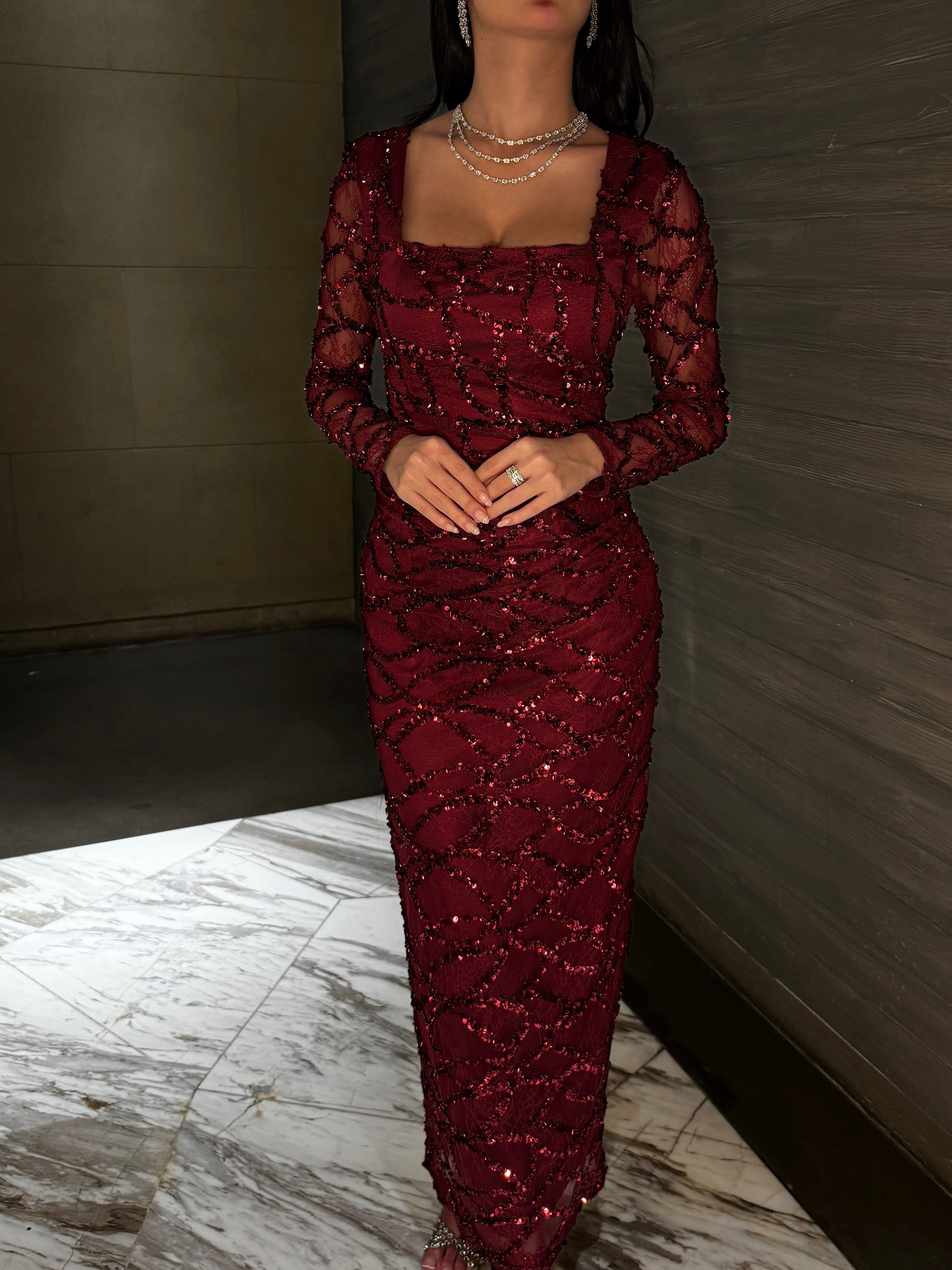 Crimson Lumière Sequin Mesh Gown
