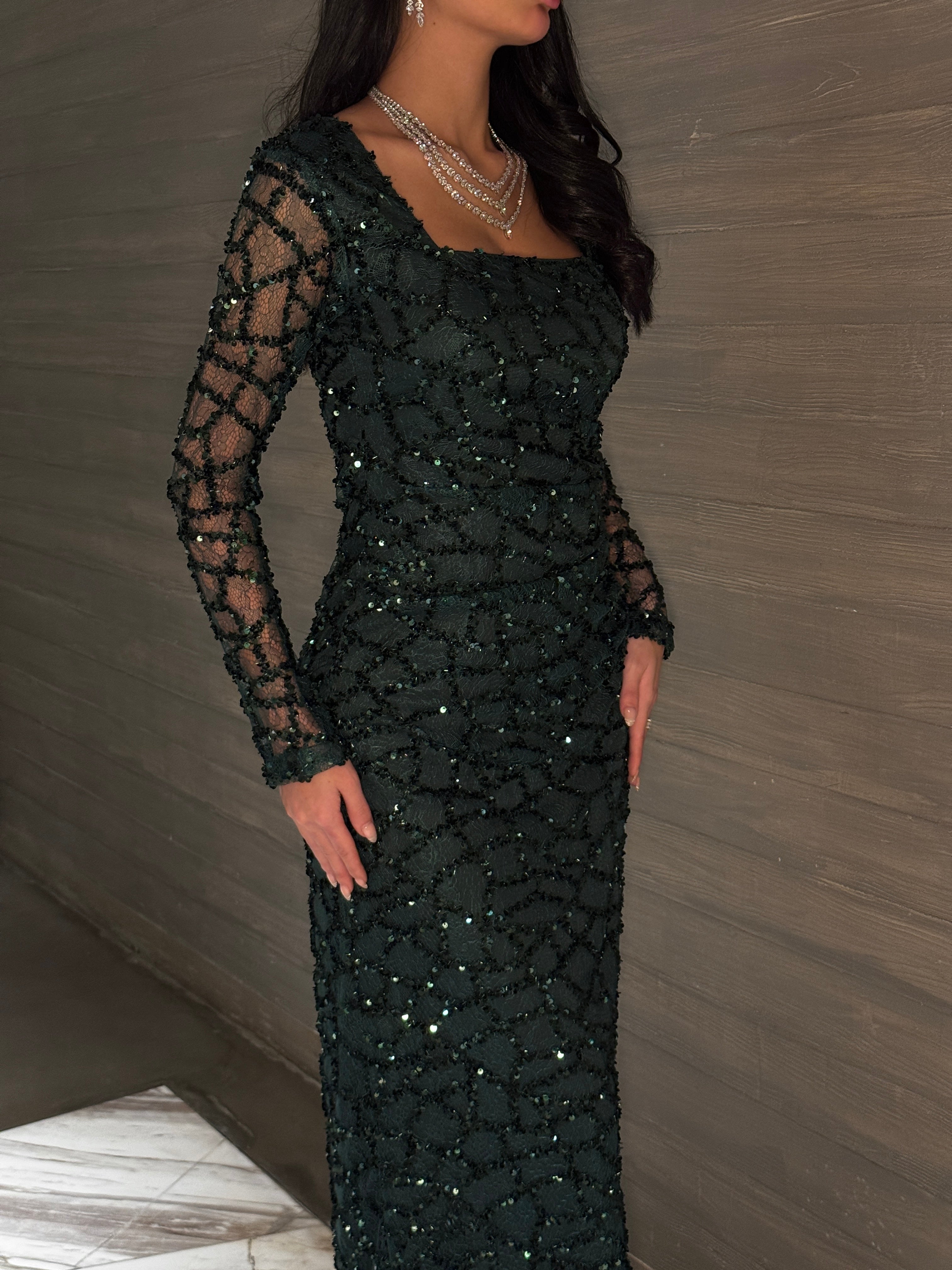 Emerald Noir Sequin Mesh Evening Gown