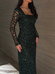 Emerald Noir Sequin Mesh Evening Gown