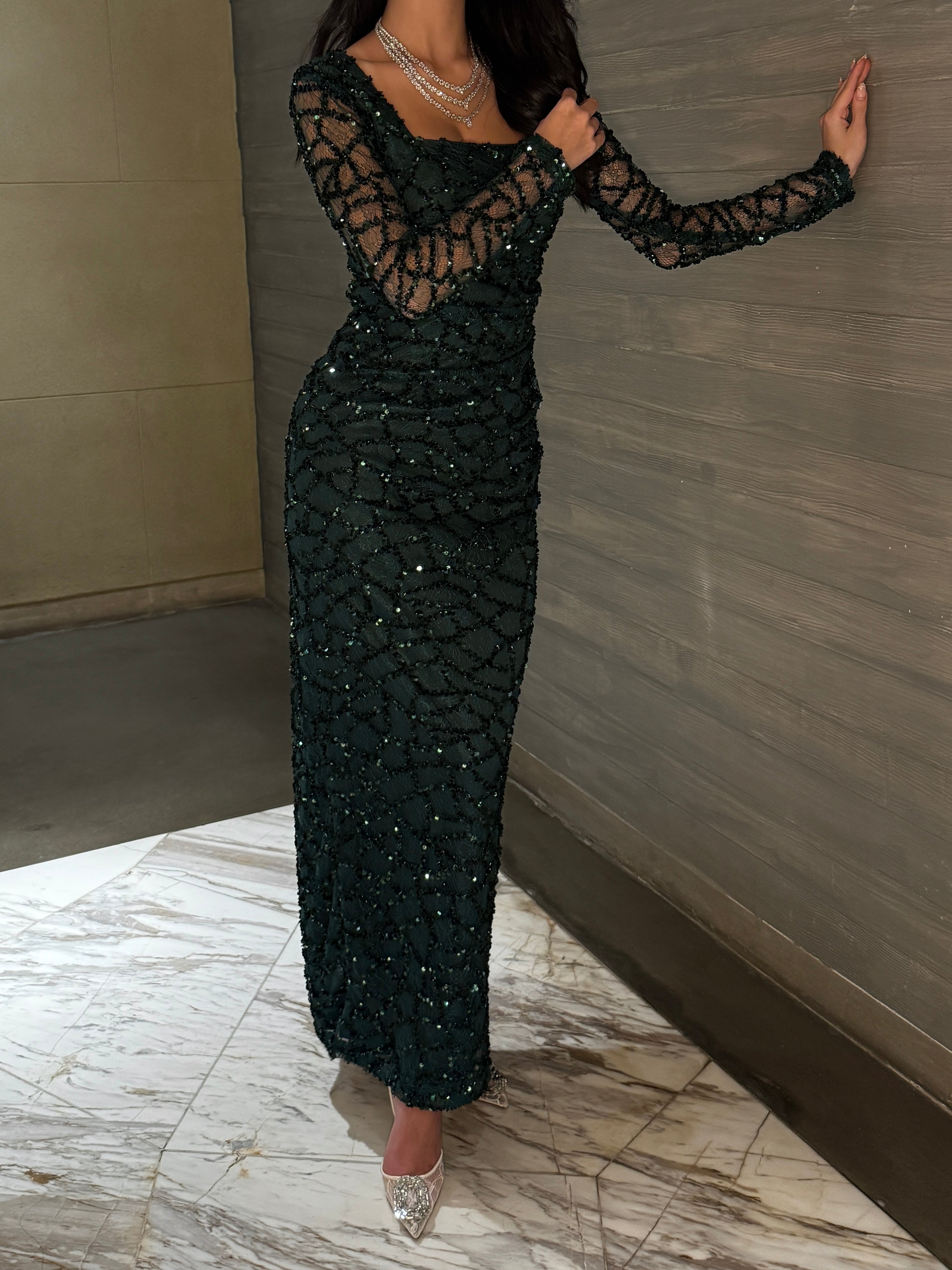 Emerald Noir Sequin Mesh Evening Gown