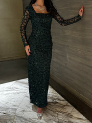 Emerald Noir Sequin Mesh Evening Gown