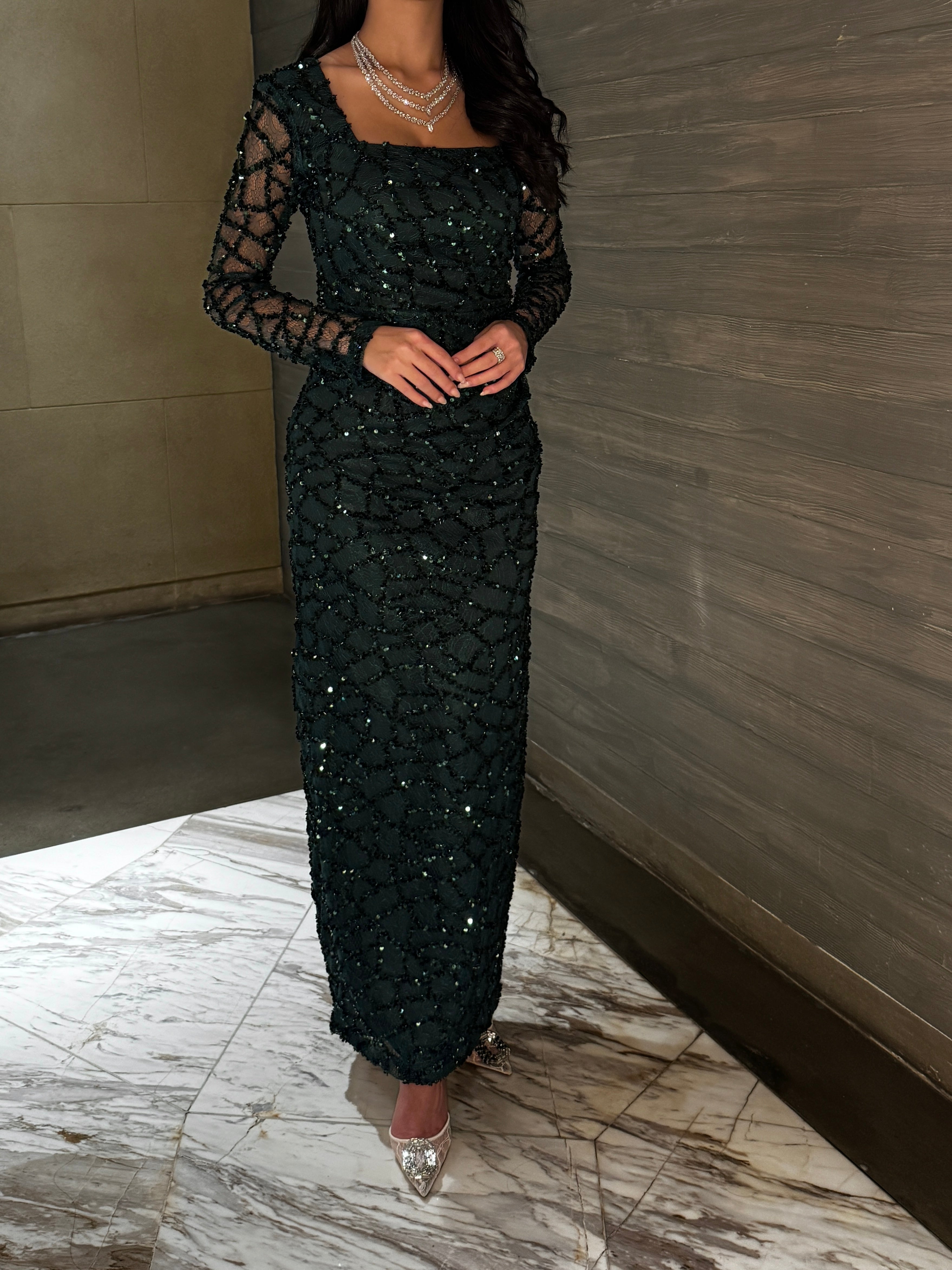 Emerald Noir Sequin Mesh Evening Gown