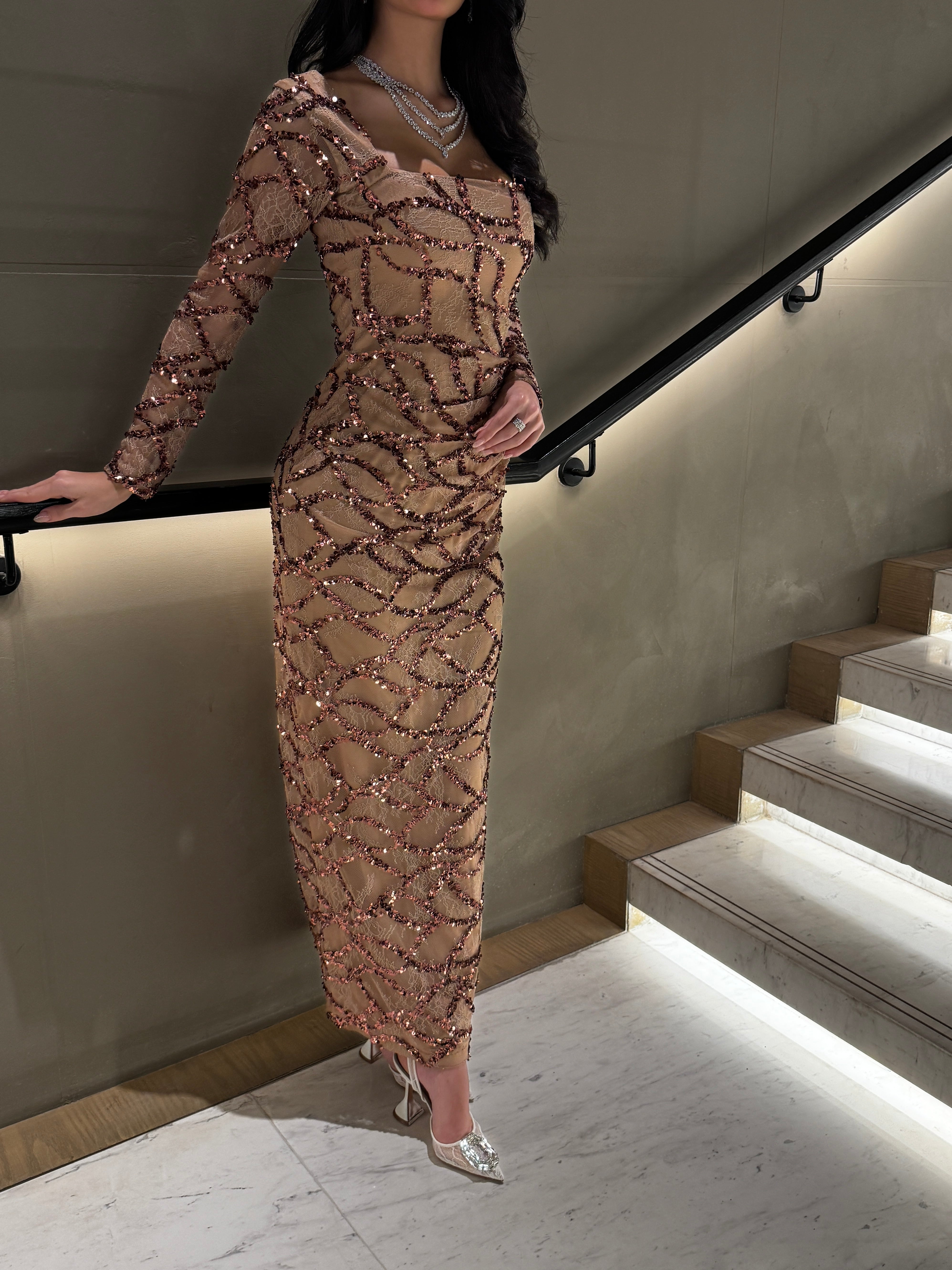 Champagne Crystal Wave Evening Gown