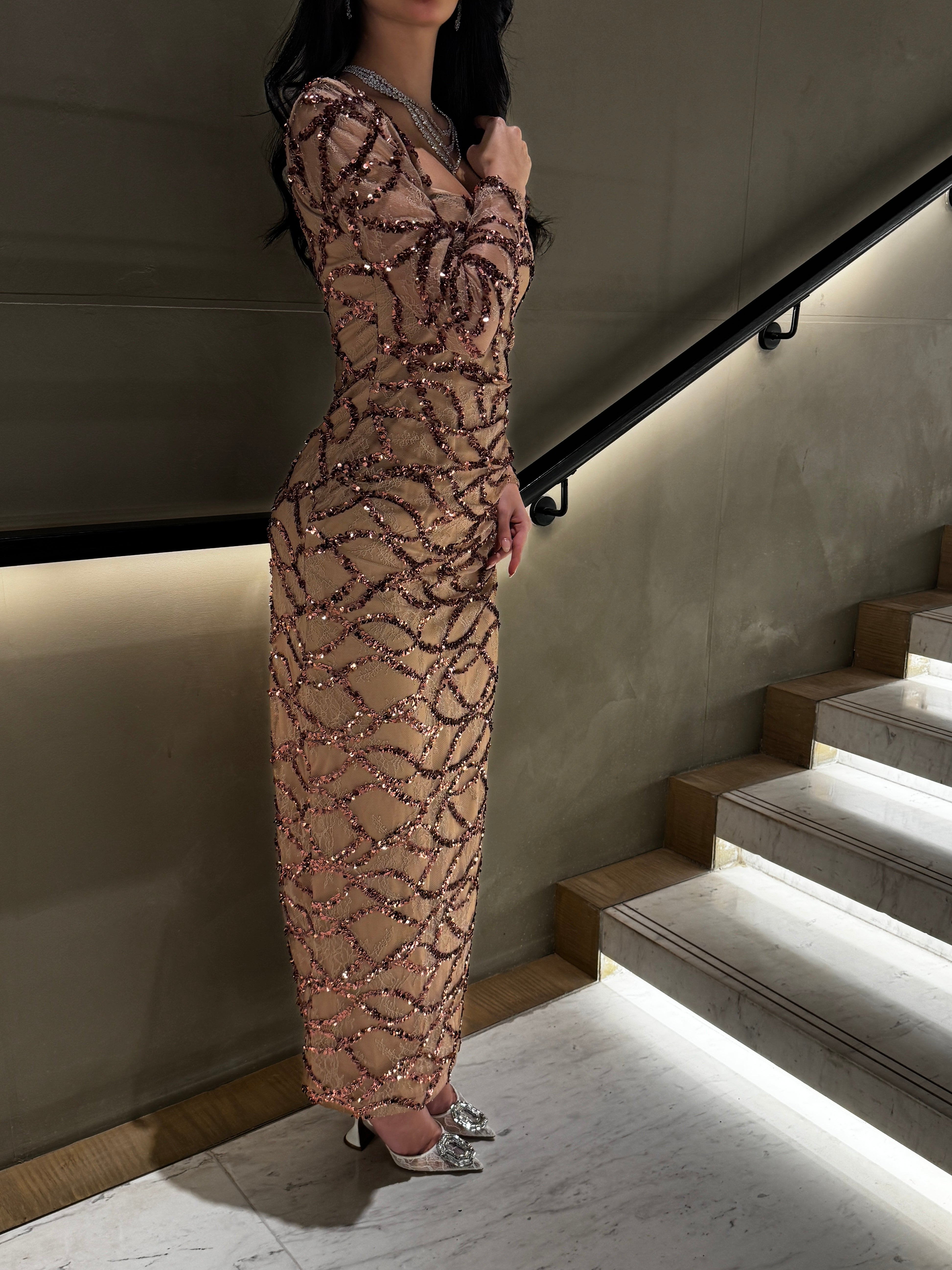 Champagne Crystal Wave Evening Gown