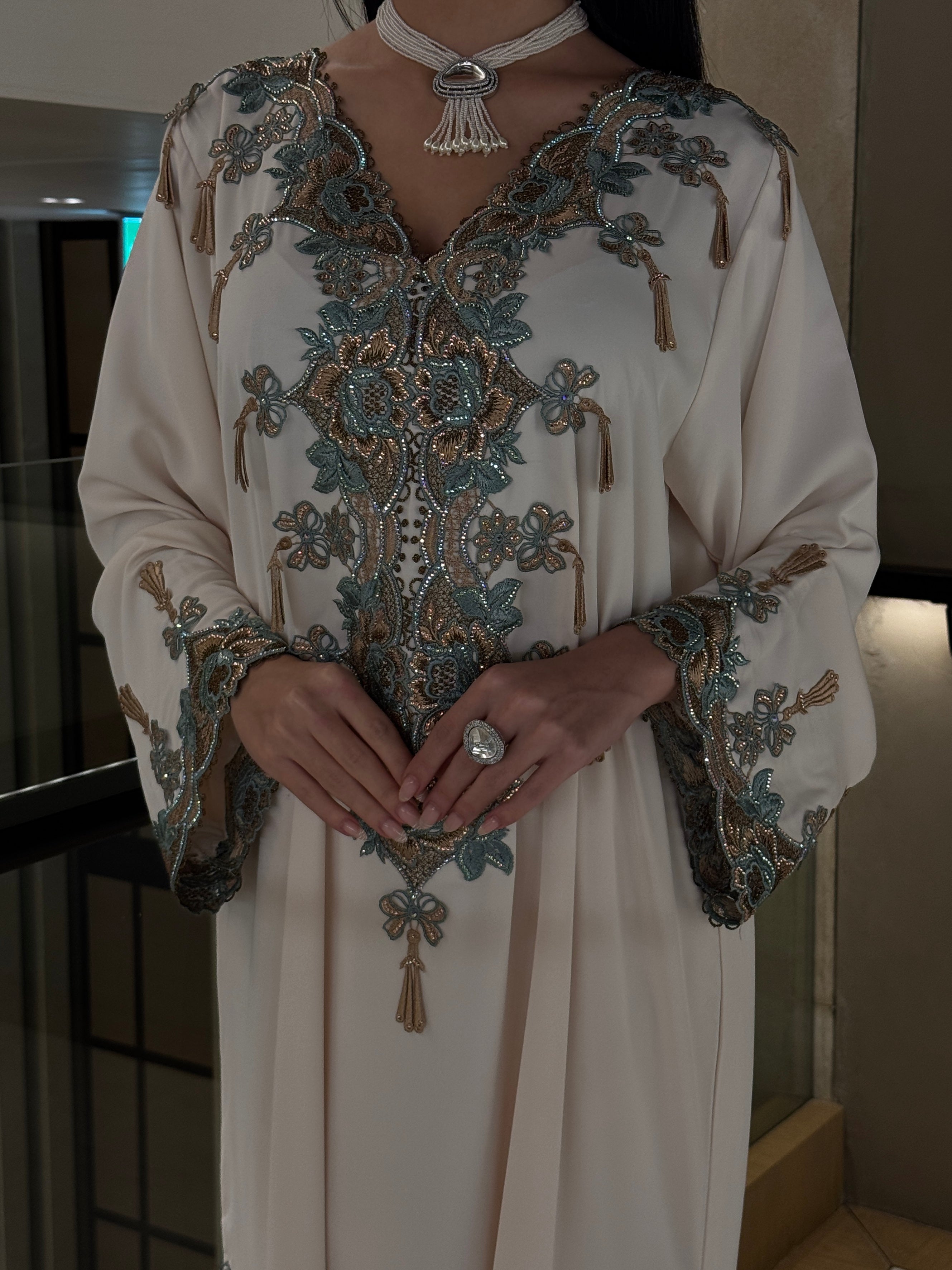 Ivory Teal Embroidered Jalabiya Gown