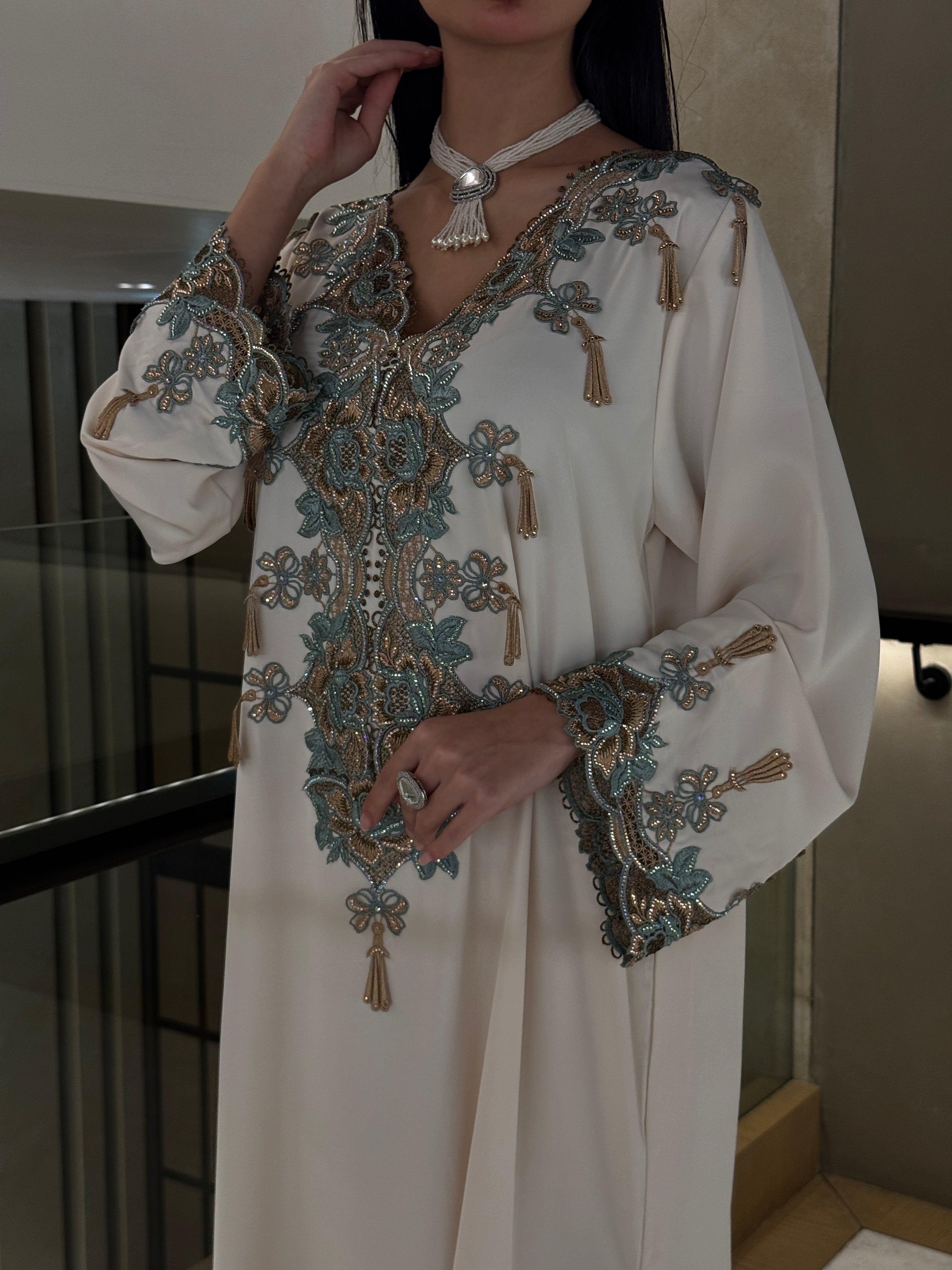 Ivory Teal Embroidered Jalabiya Gown