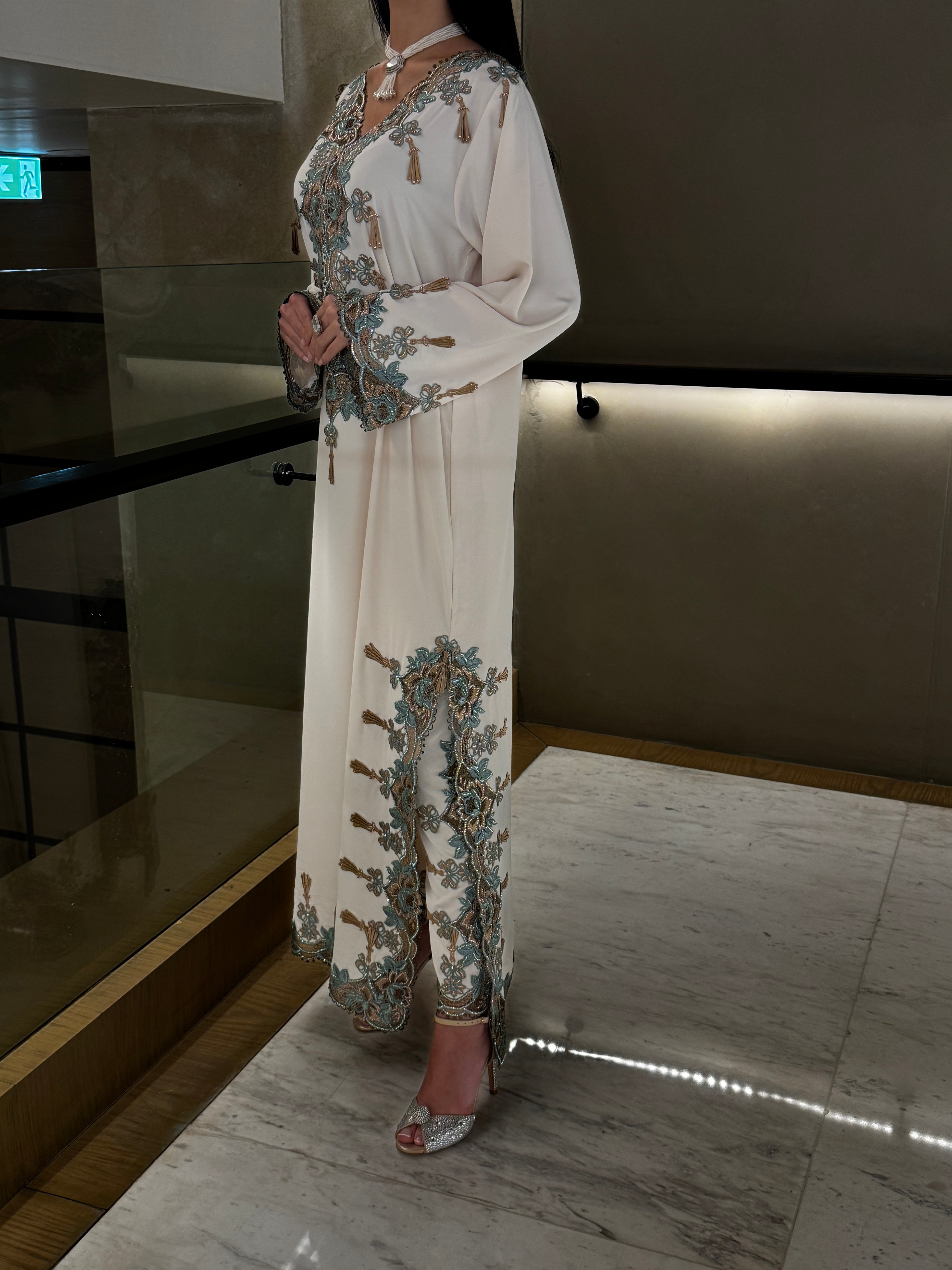Ivory Teal Embroidered Jalabiya Gown
