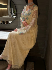 Elegant Cream Lace Jalabiya with Floral Embroidery