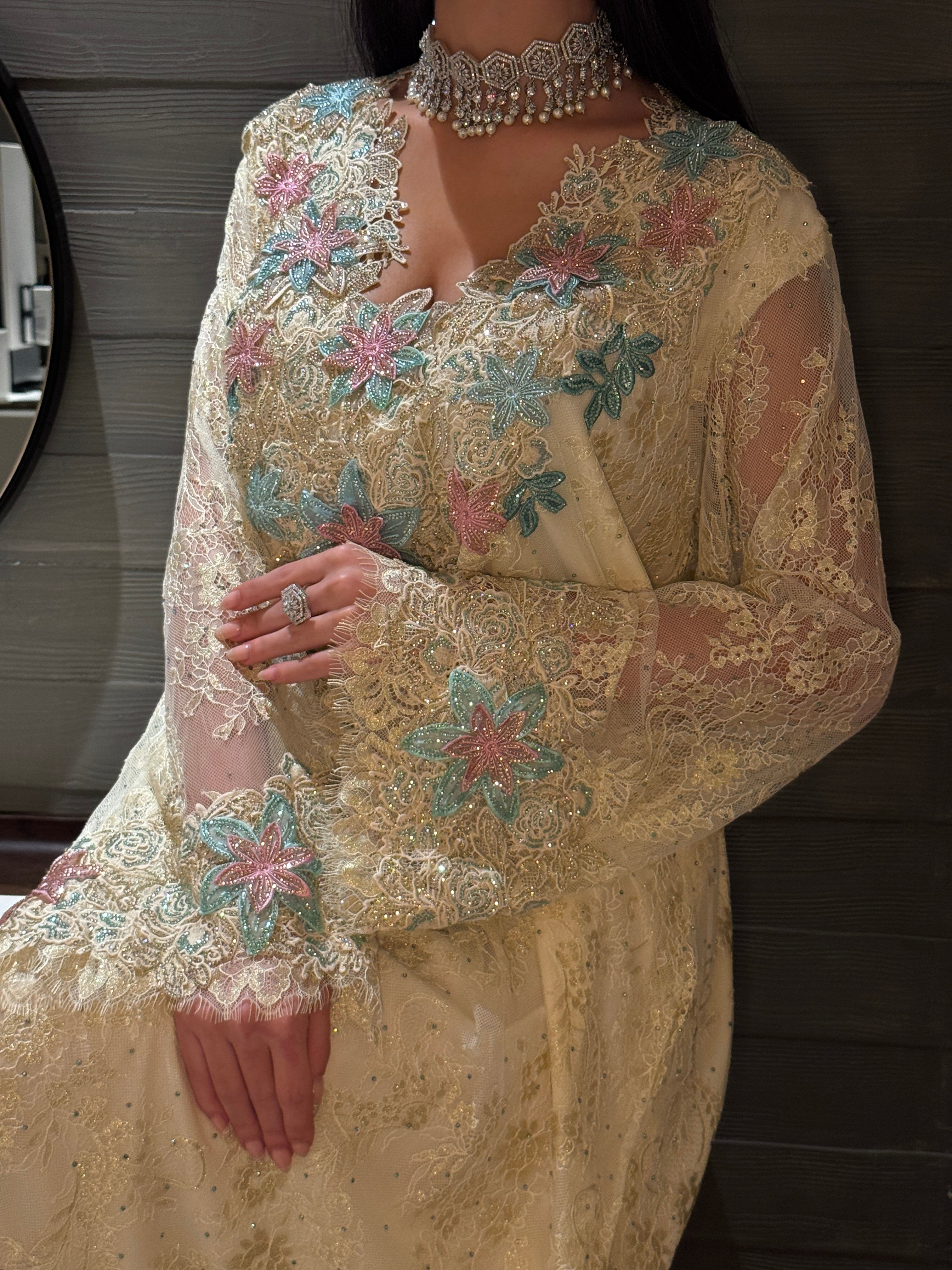 Elegant Cream Lace Jalabiya with Floral Embroidery