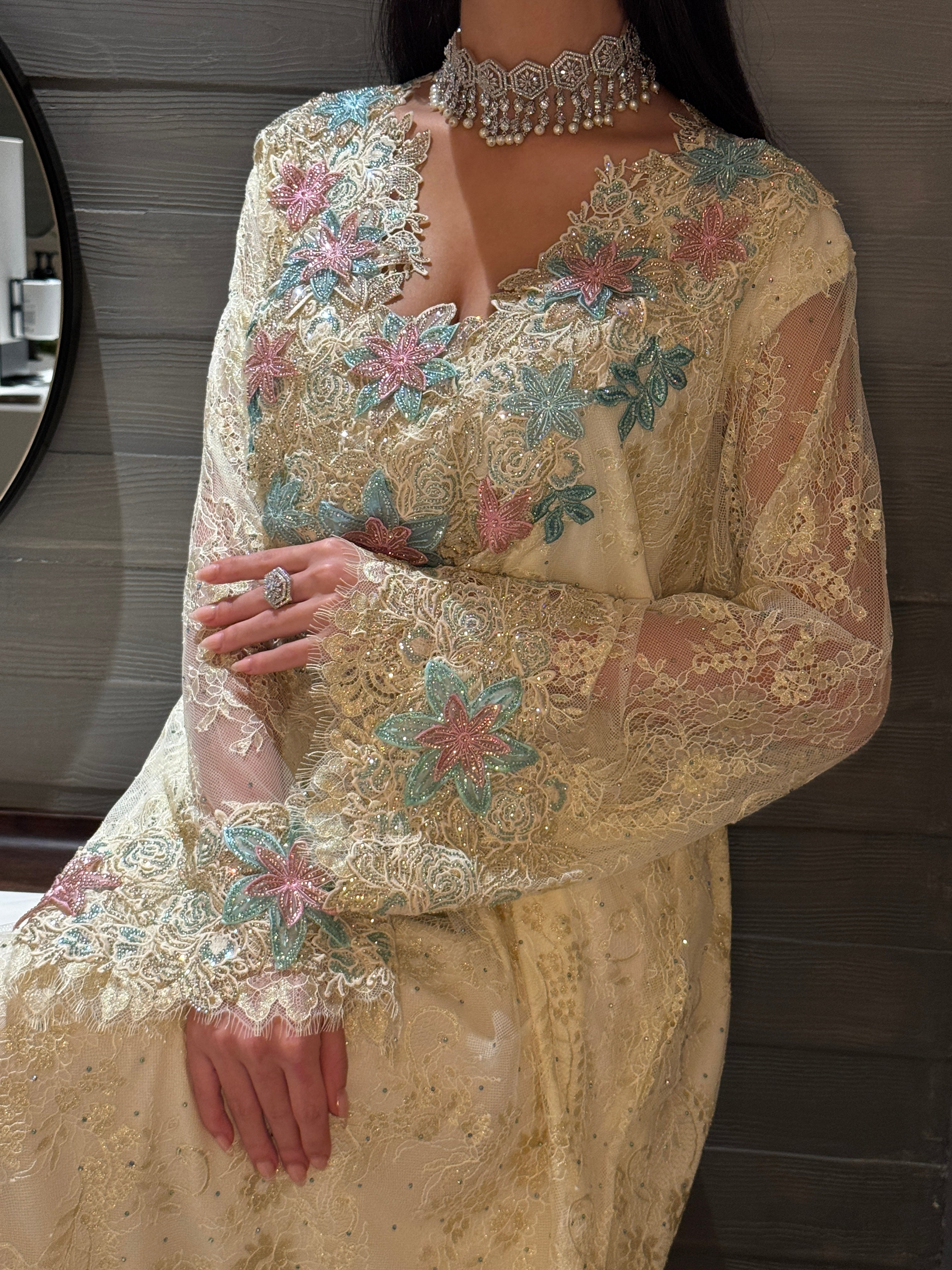Elegant Cream Lace Jalabiya with Floral Embroidery