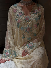 Elegant Cream Lace Jalabiya with Floral Embroidery