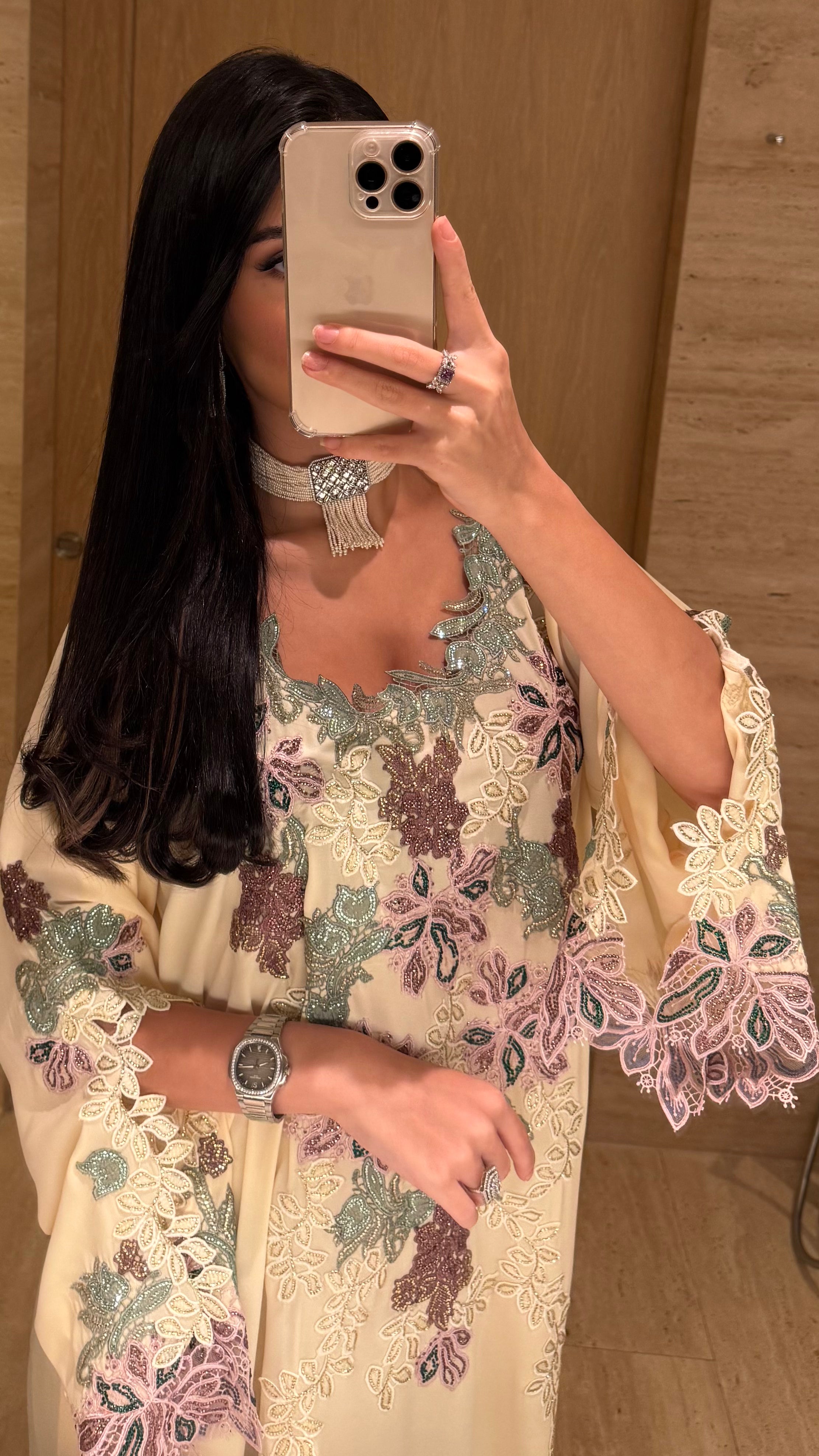 Noor Floral Embroidered Cream Jalabiya