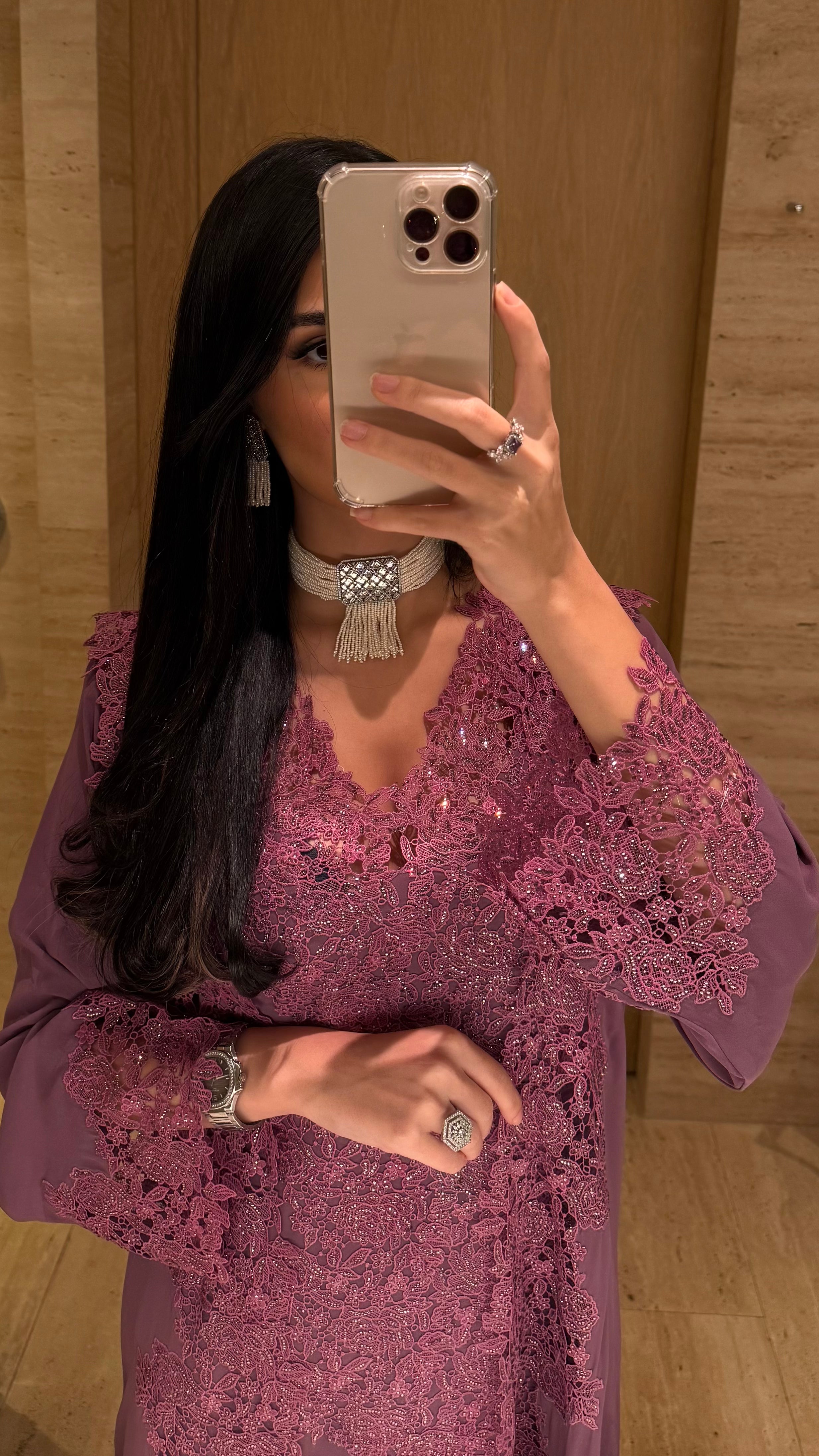 Mauve Radiance Embellished Lace Jalabiya