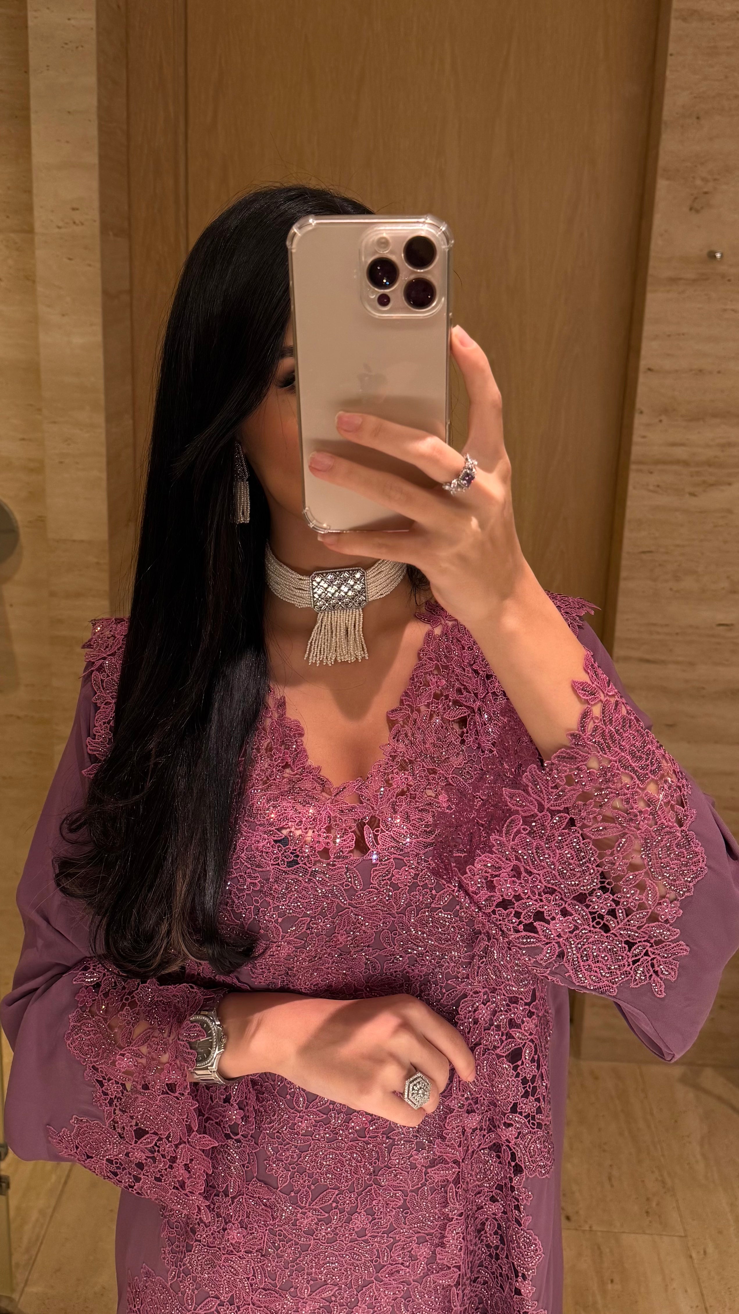 Mauve Radiance Embellished Lace Jalabiya