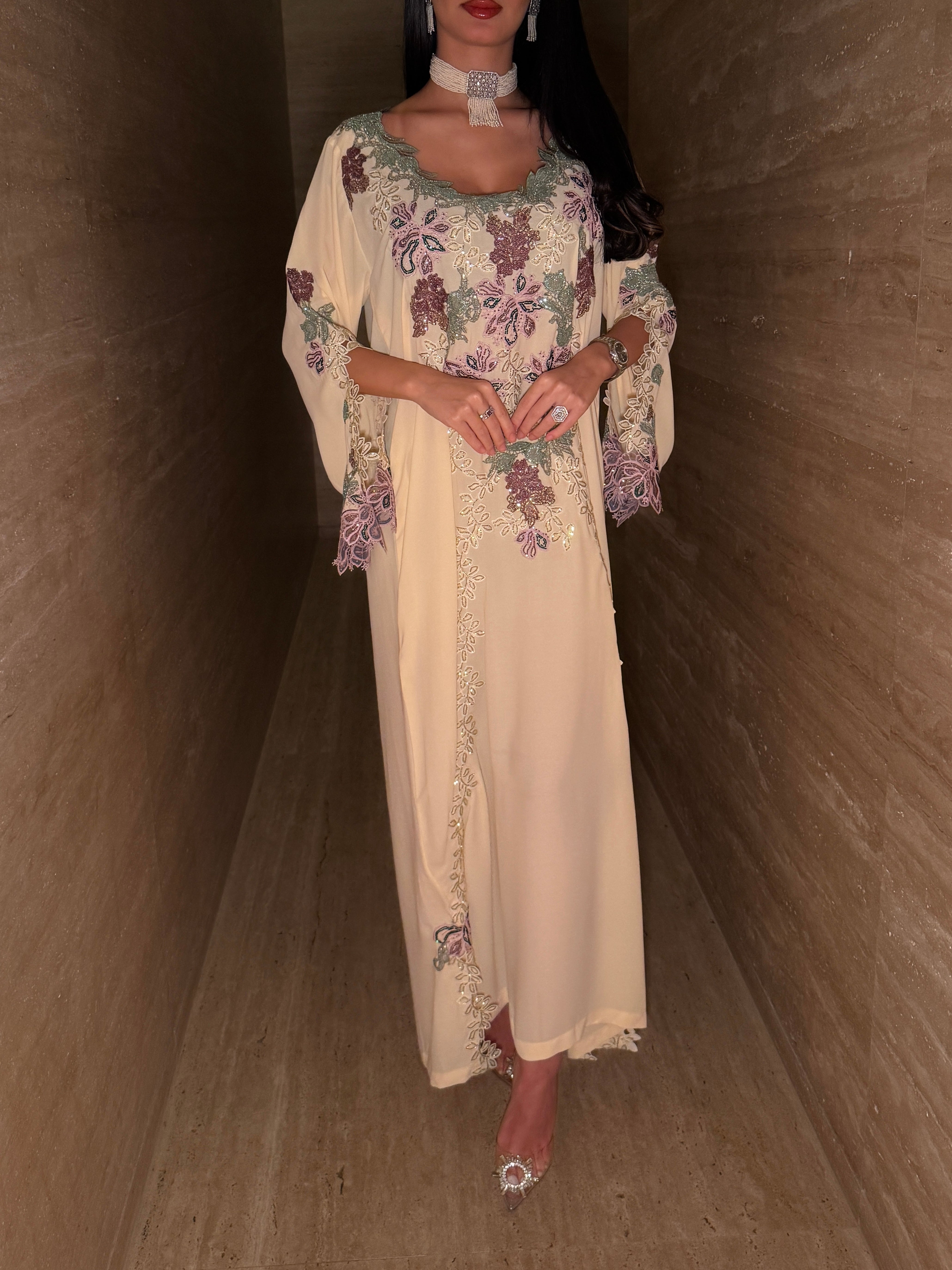 Noor Floral Embroidered Cream Jalabiya