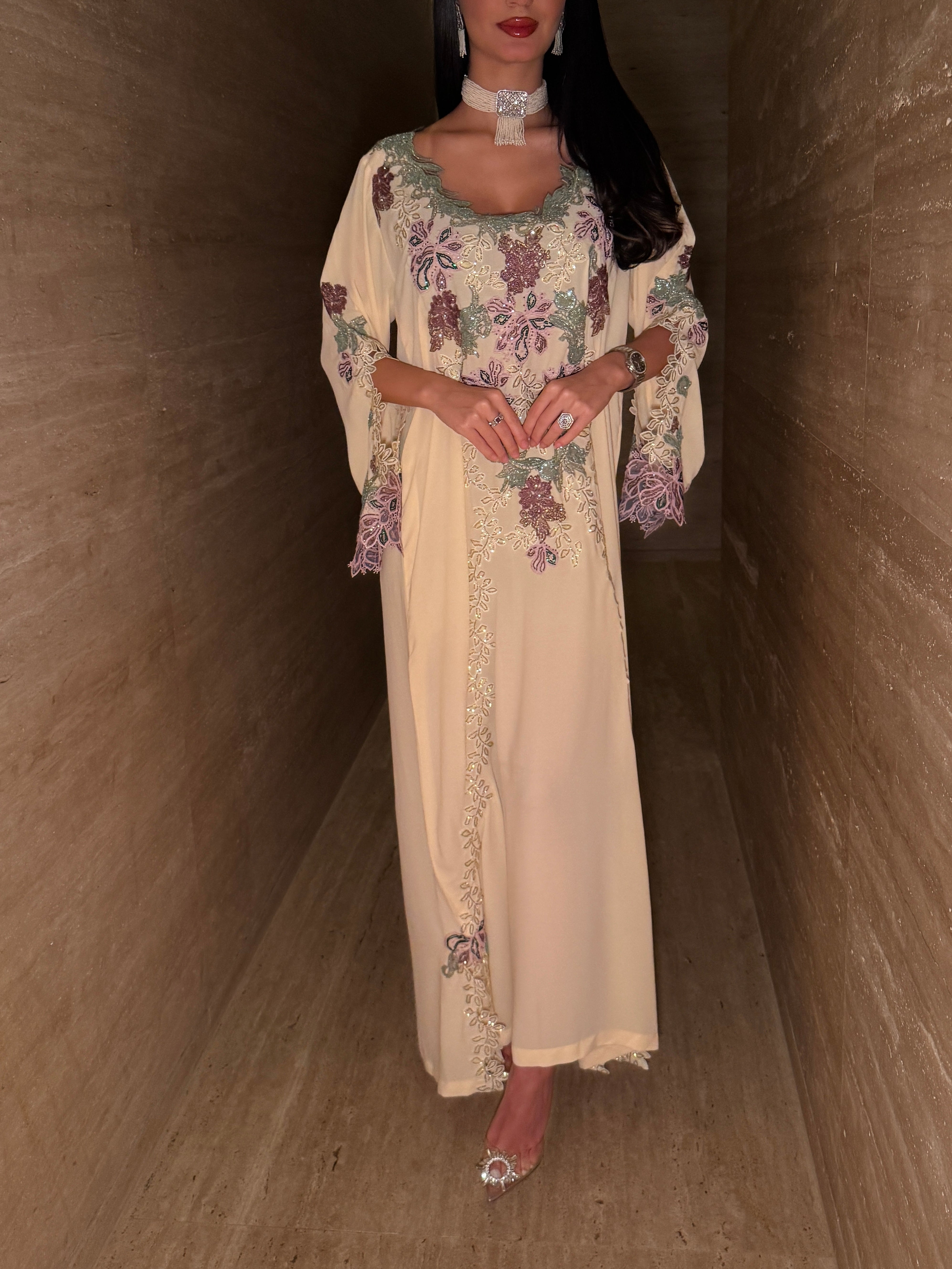 Noor Floral Embroidered Cream Jalabiya