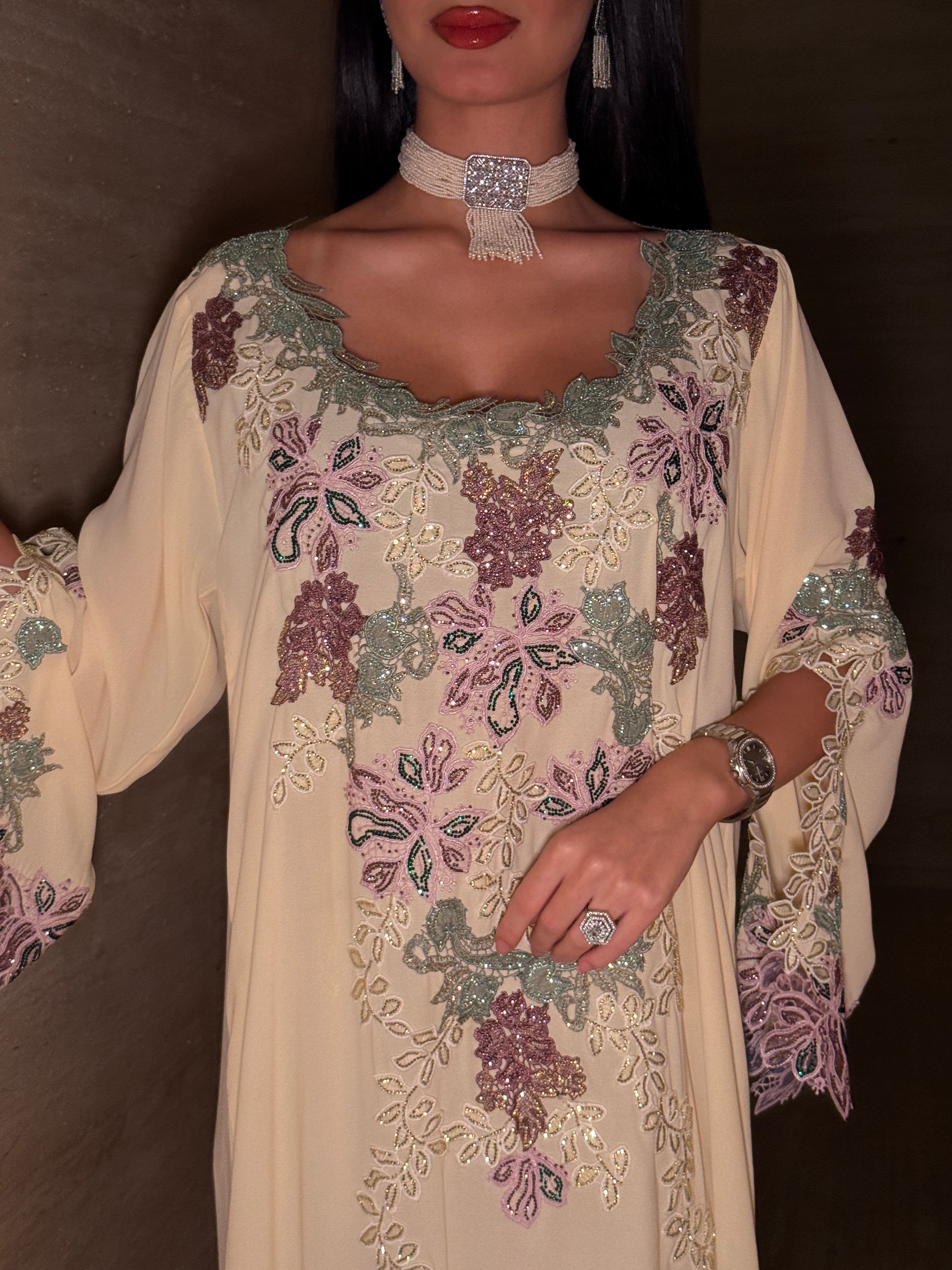 Noor Floral Embroidered Cream Jalabiya