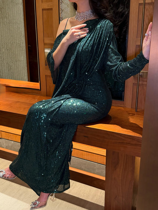 Emerald Drape Sequin Gown