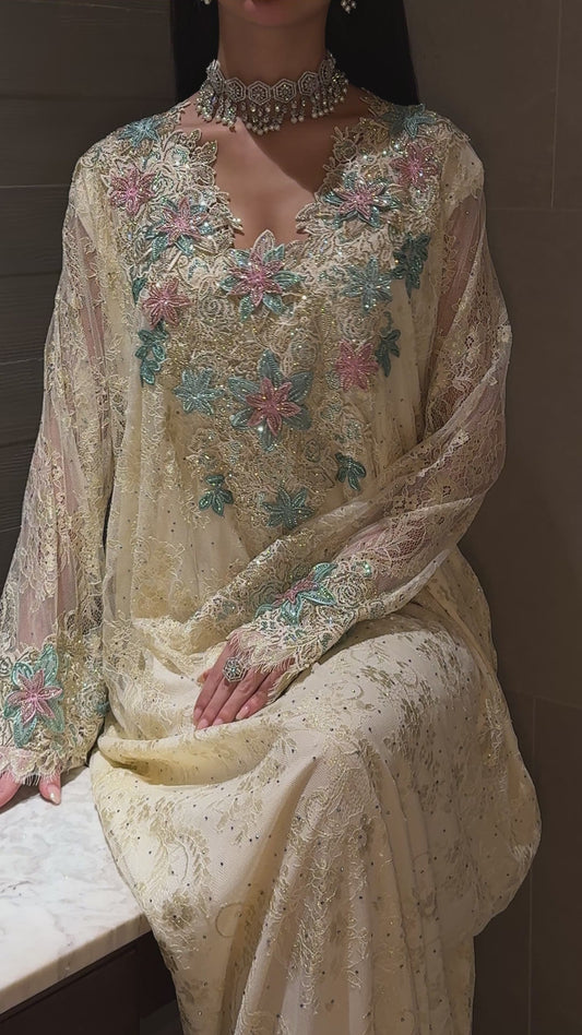 Elegant Cream Lace Jalabiya with Floral Embroidery