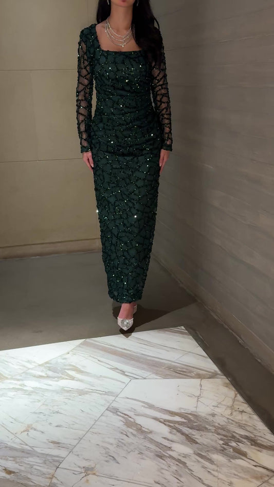 Emerald Noir Sequin Mesh Evening Gown