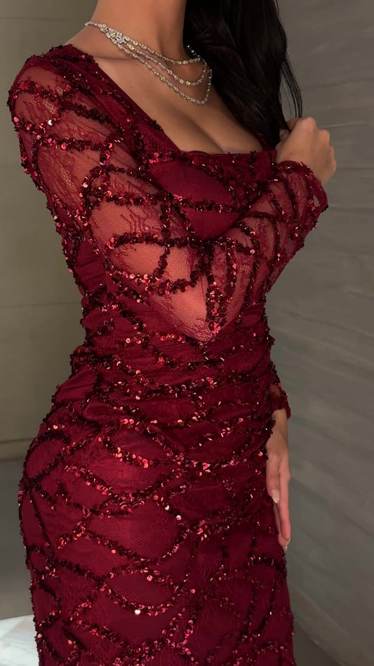 Crimson Lumière Sequin Mesh Gown