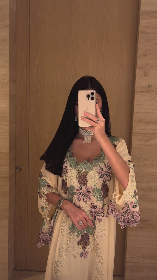 Noor Floral Embroidered Cream Jalabiya